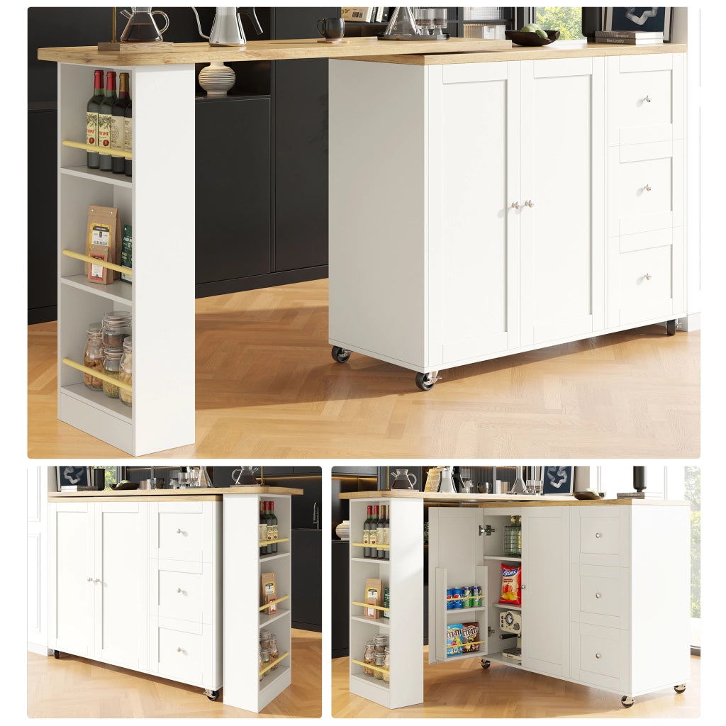Isola cucina mobile bianca 140 x 40 x 93;5 cm con piano pieghevole in MDF effetto legno