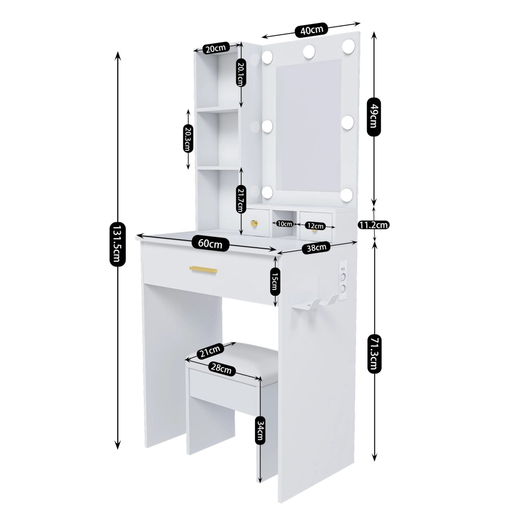 Set da toeletta con sgabello imbottito, specchio a LED, presa di corrente e cassetto, bianco