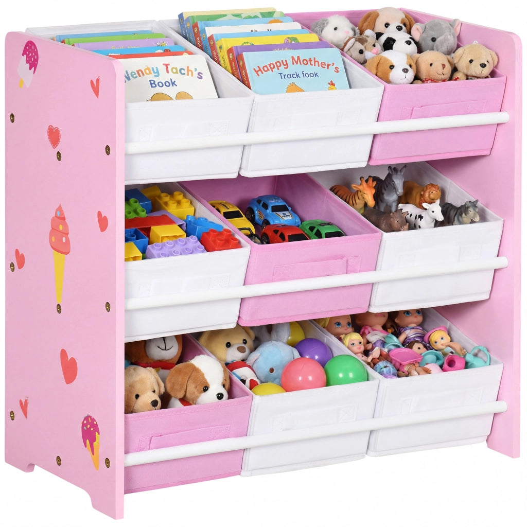 Mobiletto Portagiochi con 9 Cestini Rimovibili in Legno e Tessuto, 63x30x60 cm, Rosa e Bianco