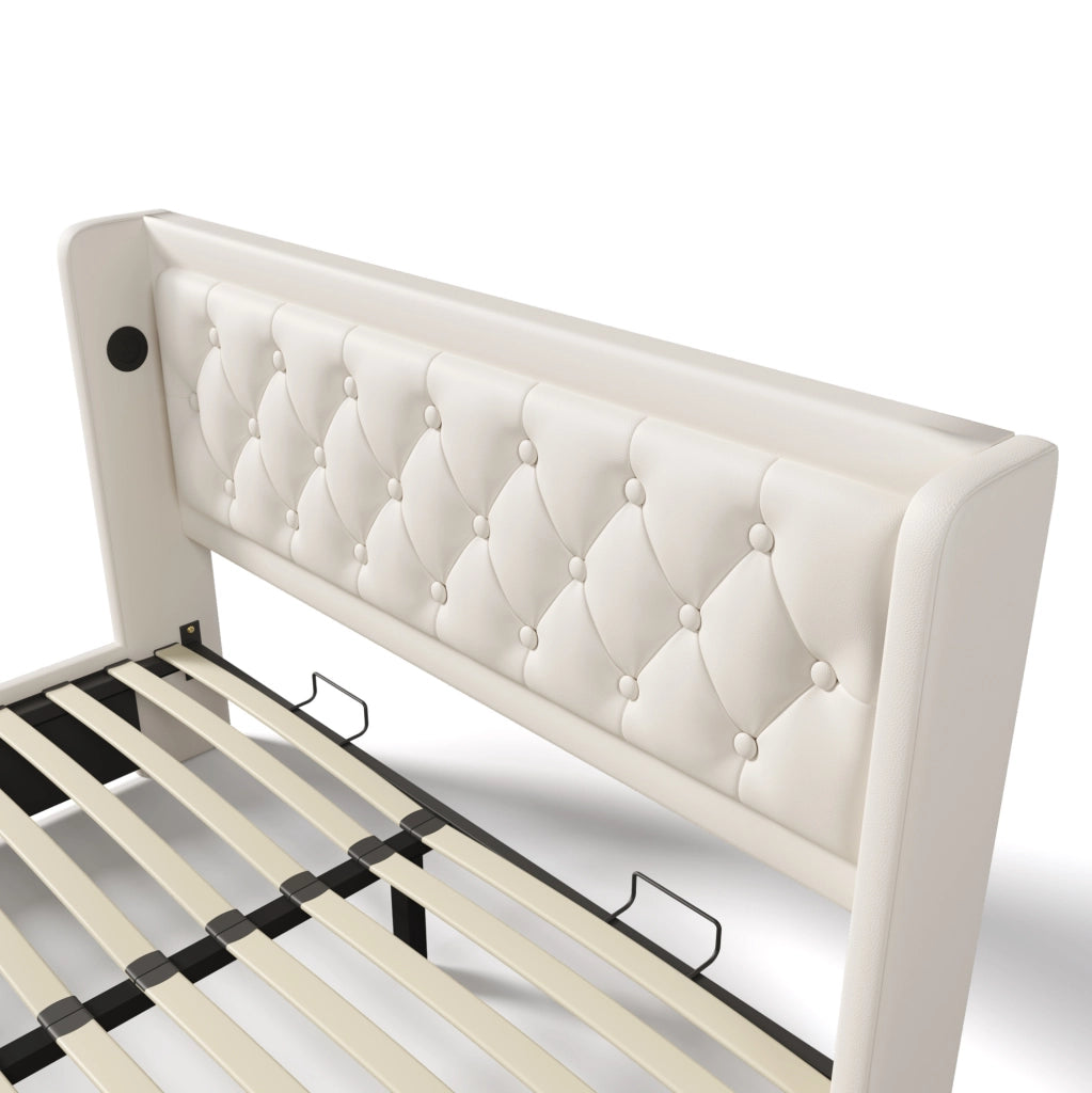 Letto matrimoniale 180x200 cm bianco in PU con contenitore idraulico, LED e ricarica USB-C