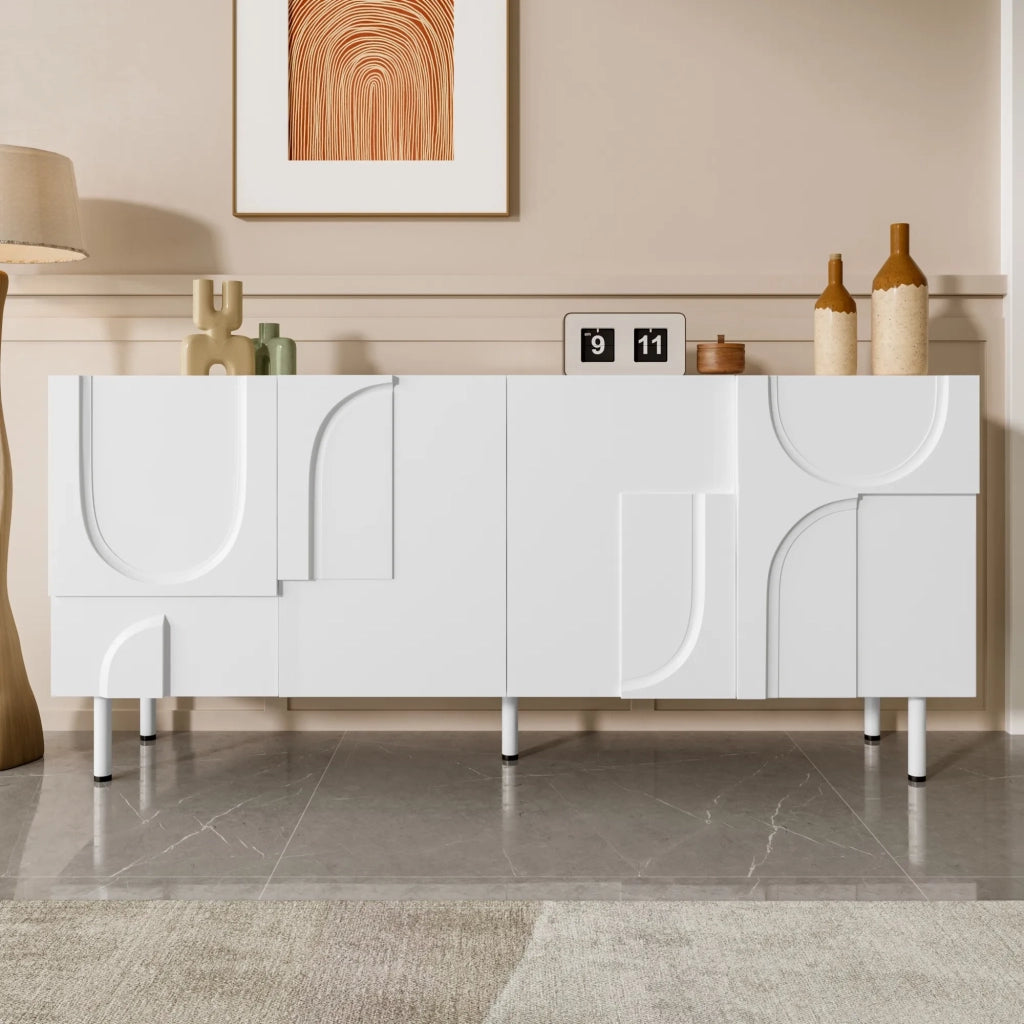 Sideboard da pranzo design geometrico, bianco, curve irregolari, moderno e funzionale con ampio spazio contenitivo, ideale per arredamento minimalista