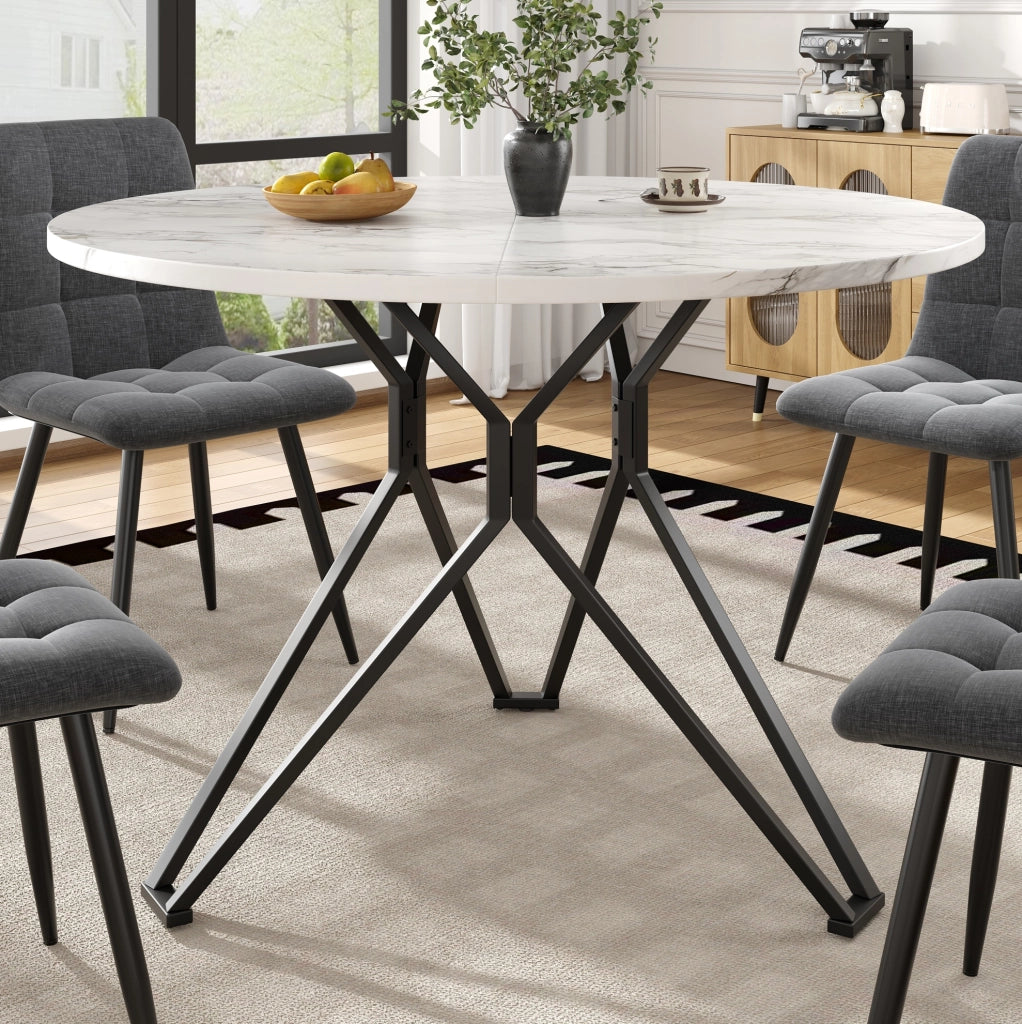Tavolo da pranzo rotondo 100x100x76 cm in MDF effetto marmo e metallo, 4 posti
