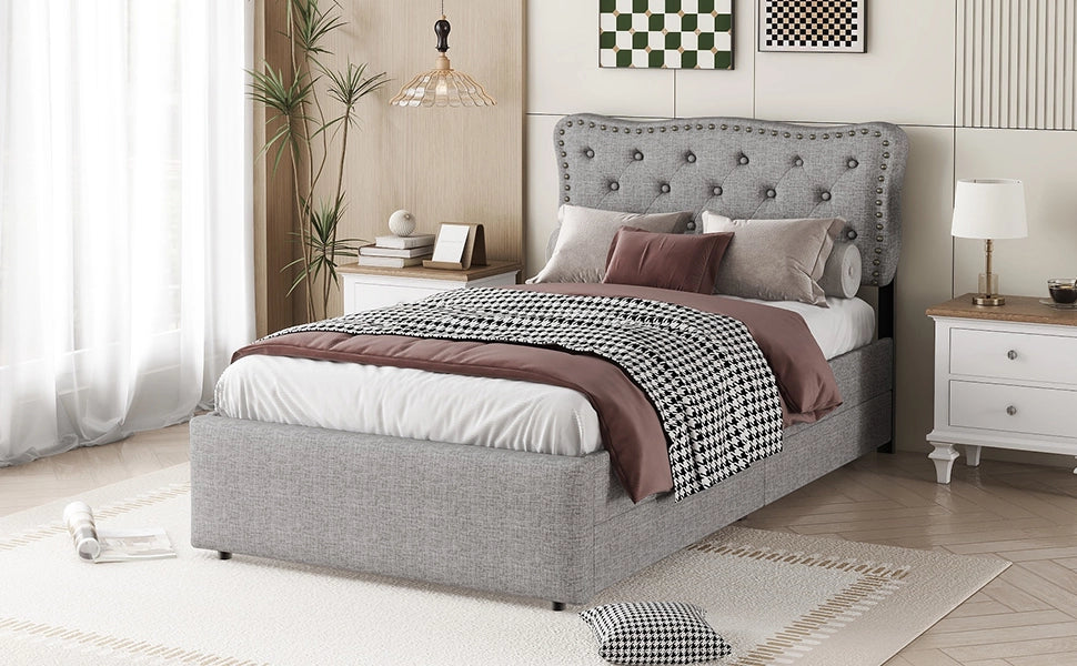 Letto singolo imbottito 90 × 200 cm in MDF e lino grigio con due cassetti e testiera regolabile