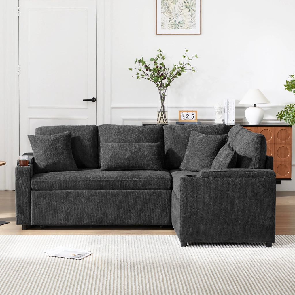 Divano letto angolare 206,5x141 cm con contenitore e USB in ciniglia grigio scuro