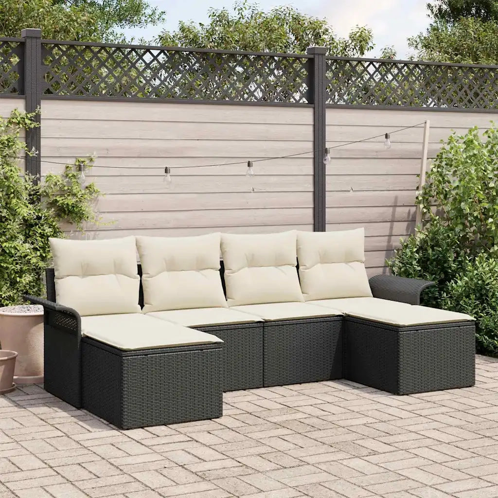 Set Divano da Giardino con cuscino 6 pz | Set Salotto da Giardino Nero polyrattan