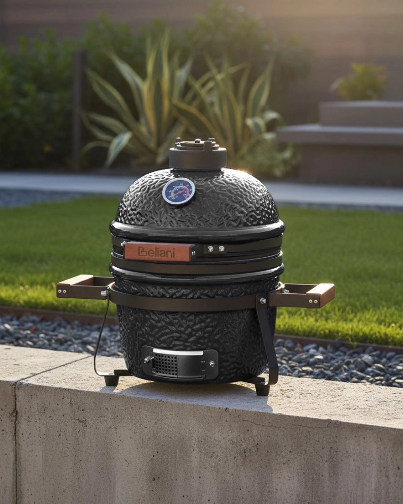 Mini barbecue da esterno in ceramica a carbone con coperchio termometro e griglia di cottura colore nero