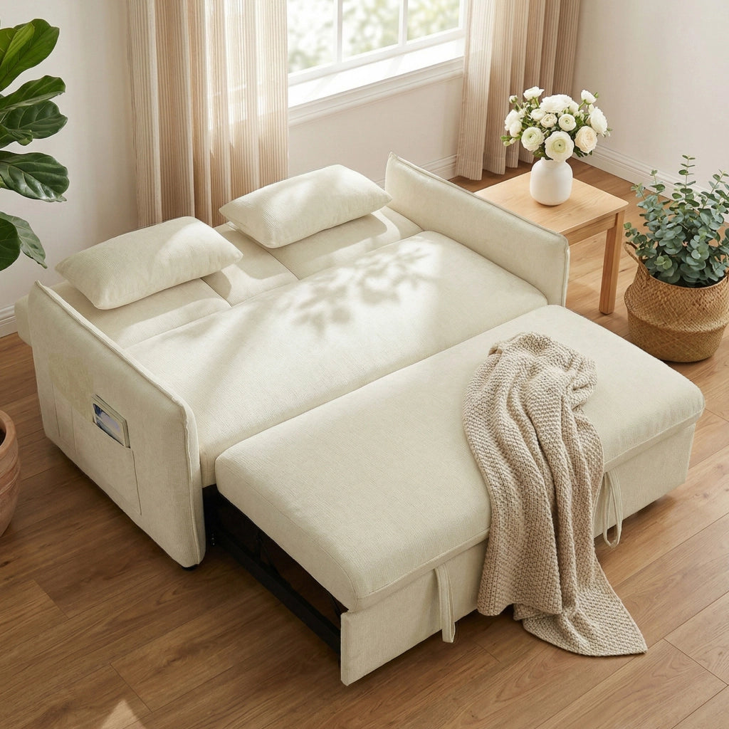 Divano letto 2 posti con schienale regolabile ¨C Xylo ¨C tessuto ciniglia beige con 2 cuscini