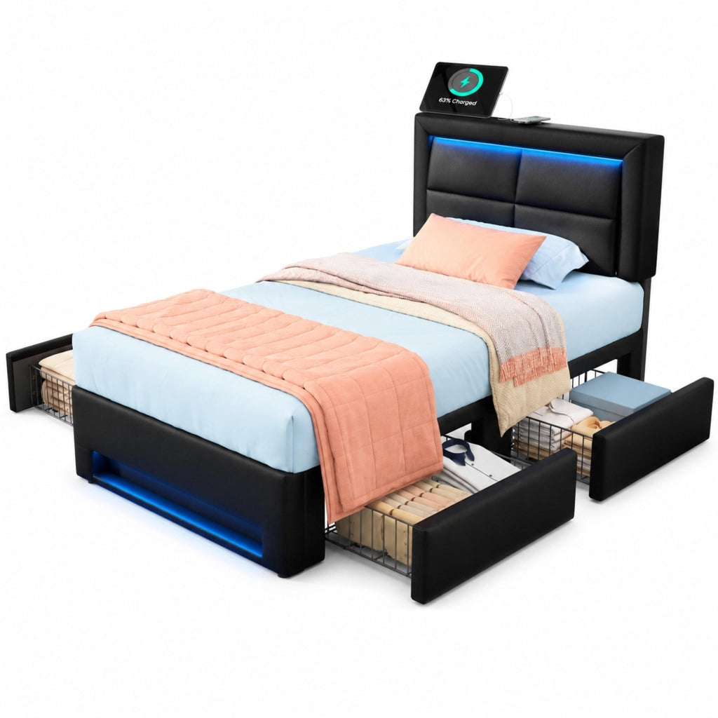 Letto singolo imbottito 90x190 cm con LED, USB e 4 cassetti