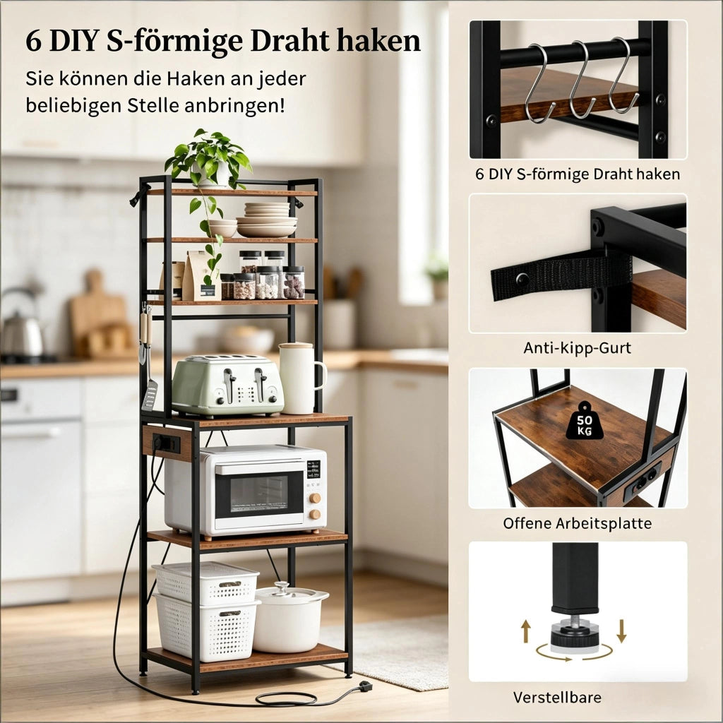 Credenza da cucina alta con 6 ripiani, 6 ganci e 3 prese elettriche per cucina, metallo e truciolare, 60 × 40 × 167 cm