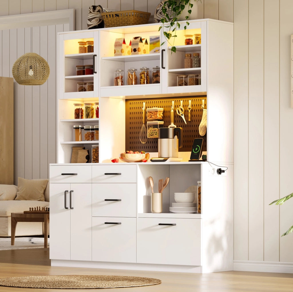 Mobile da cucina con 5 cassetti; LED RGB e prese integrate; MDF bianco