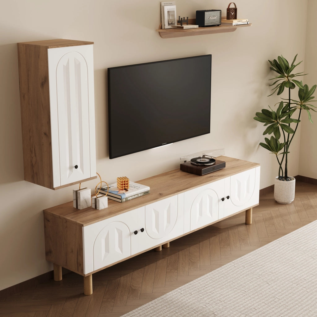 Parete attrezzata TV 3 pezzi bianco e legno naturale con ante intagliate