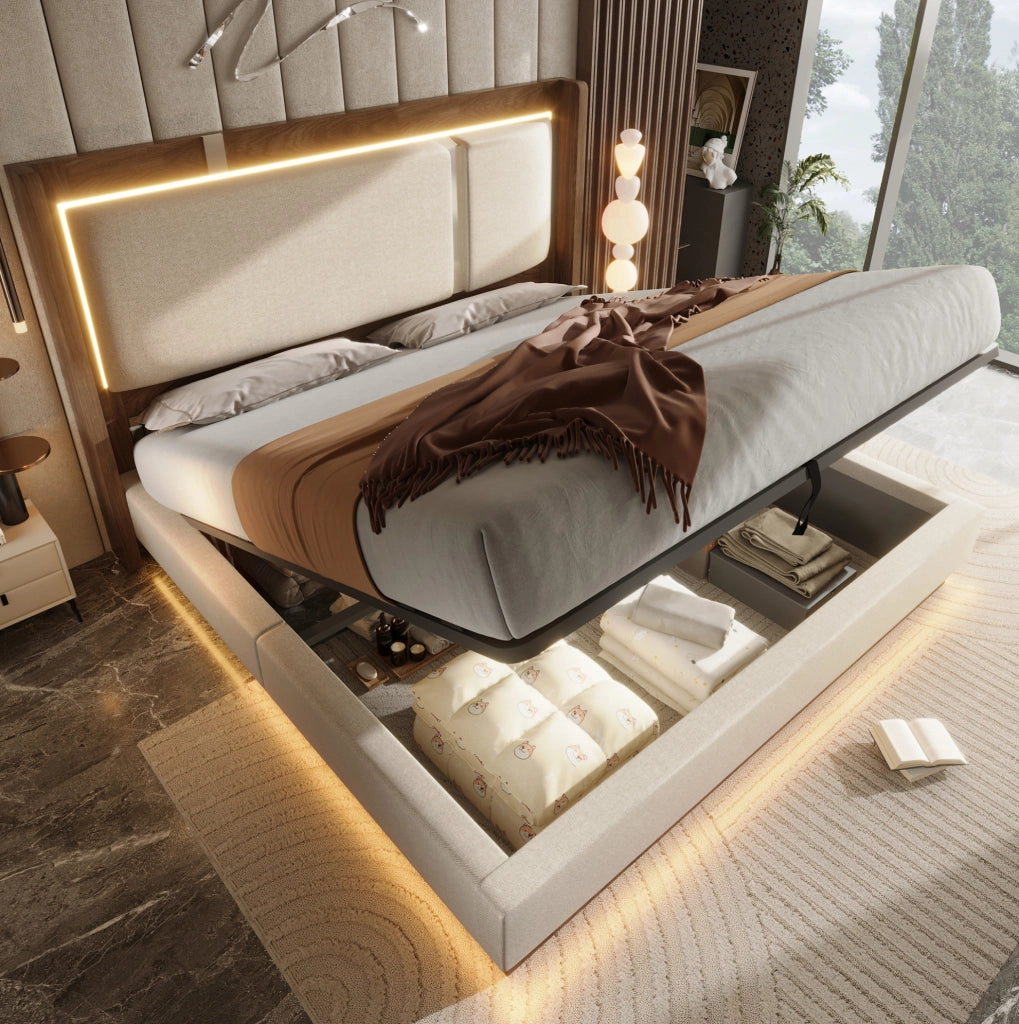 Letto matrimoniale 140x200 con contenitore idraulico, LED, rete e testiera imbottita beige