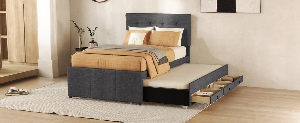 Letto singolo imbottito estraibile con tre cassetti testiera regolabile in lino grigio