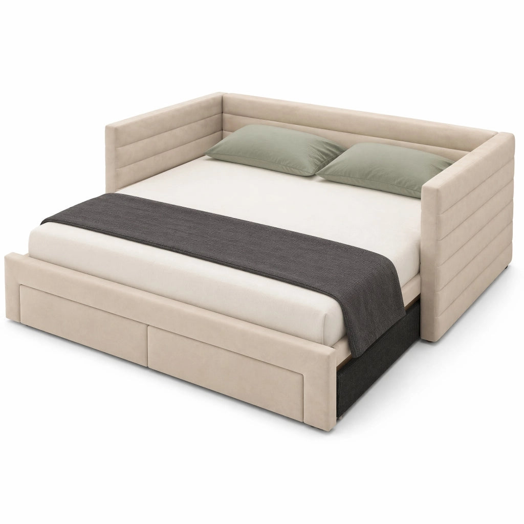 Letto estraibile 3 in 1 con due cassetti rivestito in cotone e lino beige con rete a doghe