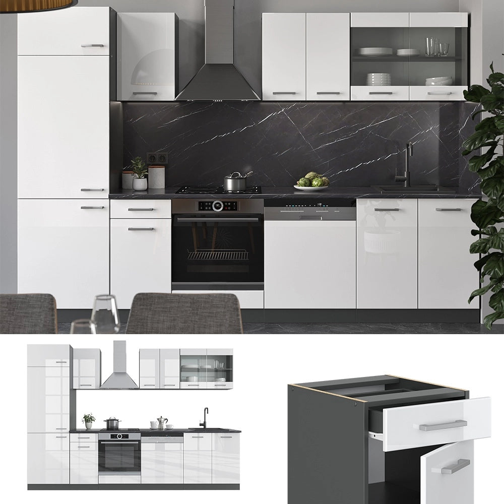 Cucina componibile R-Line Bianco lucido/Antracite 300 cm, PL Antracite Vicco