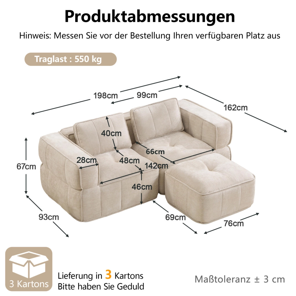 Divano modulare a L, 2 posti senza telaio con pouf beige in tessuto poliestere resistente, 198x162x67 cm