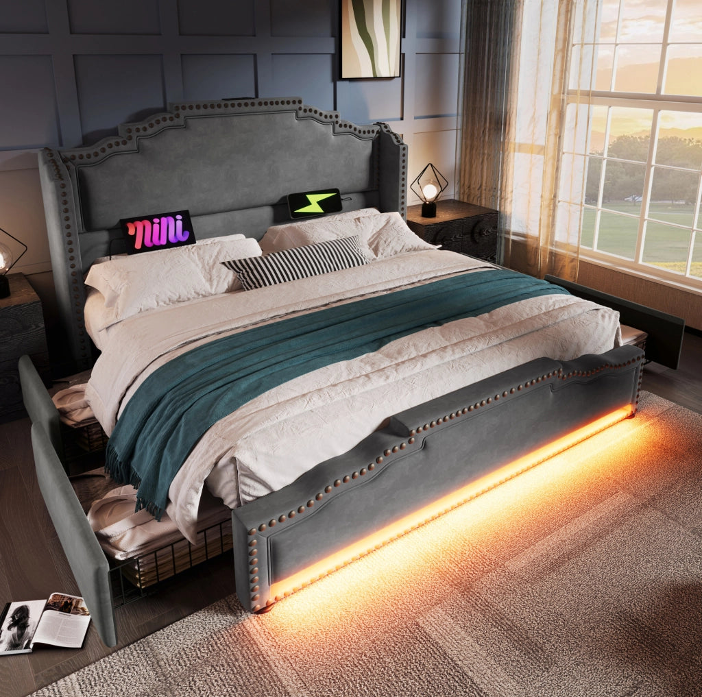 Letto 160x200 cm con 4 cassetti; LED e USB Type-C in velluto grigio