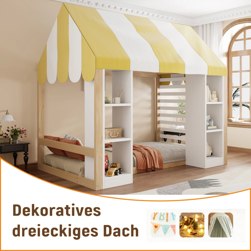 Letto per bambini 90 × 200 cm con baldacchino e due vani aperti in legno bianco e naturale