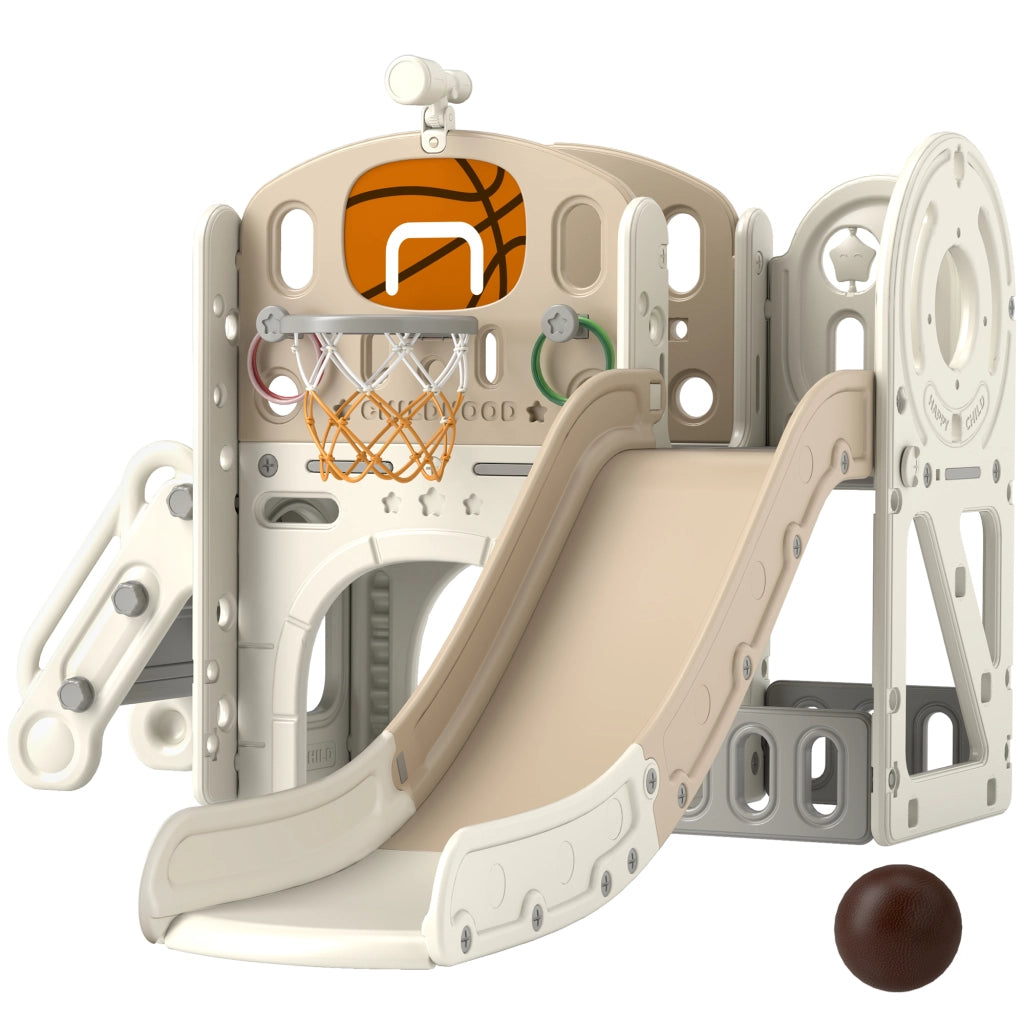 Set gioco multifunzione 7 in 1 con scivolo ¨C Xylo ¨C scaffale contenitore tunnel bambini 186x153x111 cm crema