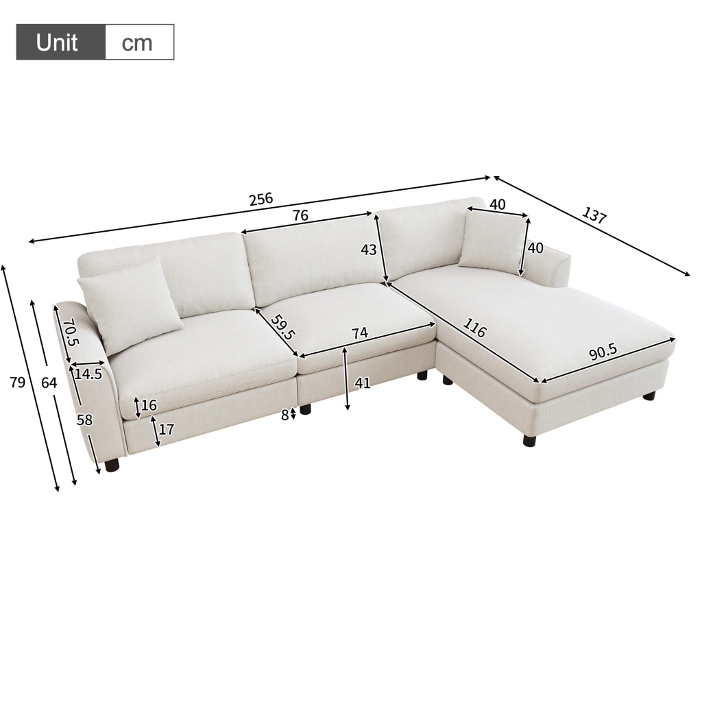Divano angolare beige a 3 posti con chaise longue reversibile 90 cm in ciniglia