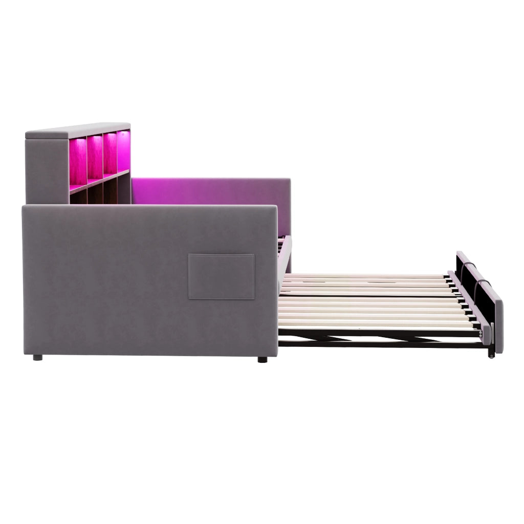 DESMIU Lit divano 90 × 190 cm 1 posto con vano contenitore, LED, USB, Type-C e lit estensibile, senza materasso, grigio
