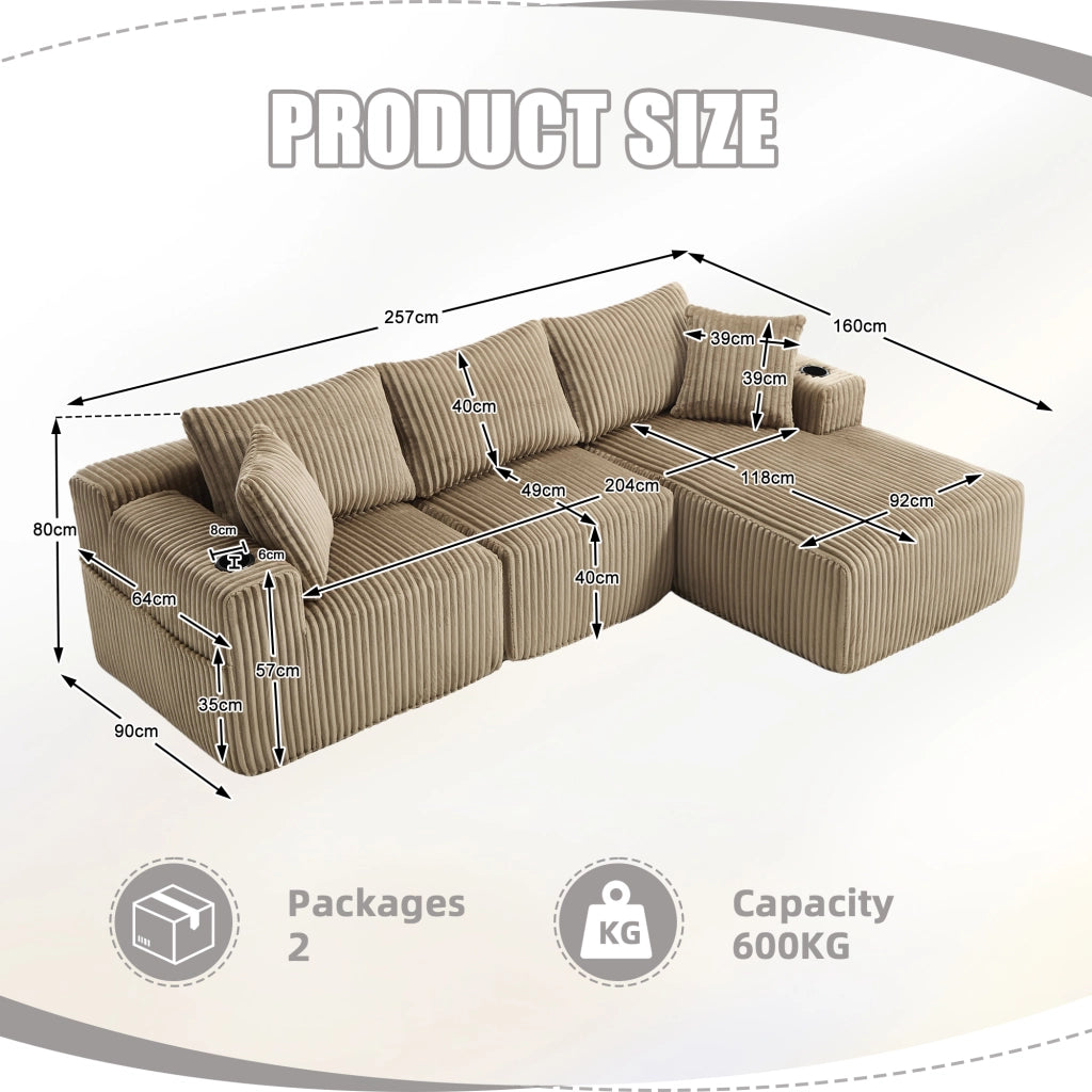 Divano modulare con chaise longue e modulo 2 posti in velluto a coste kaki