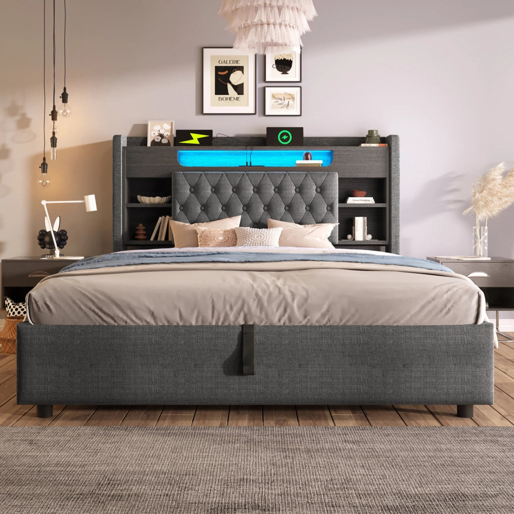 Letto matrimoniale contenitore 140x200 cm in lino grigio con LED; prese USB e USB-C HOMVRA