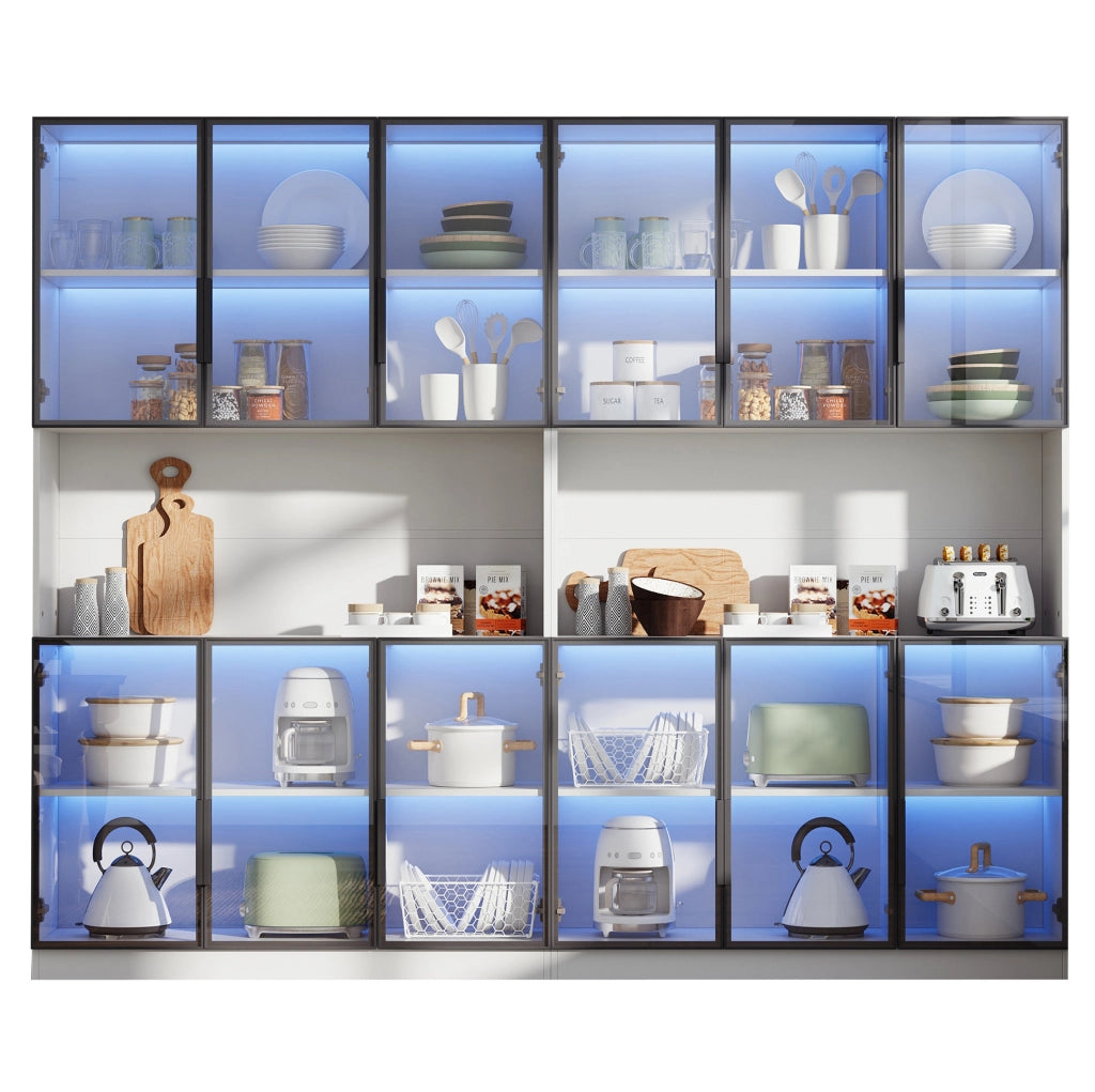 Vetrina bianca in MDF con 12 ante in vetro, illuminazione LED controllabile via app, 240x34x200 cm