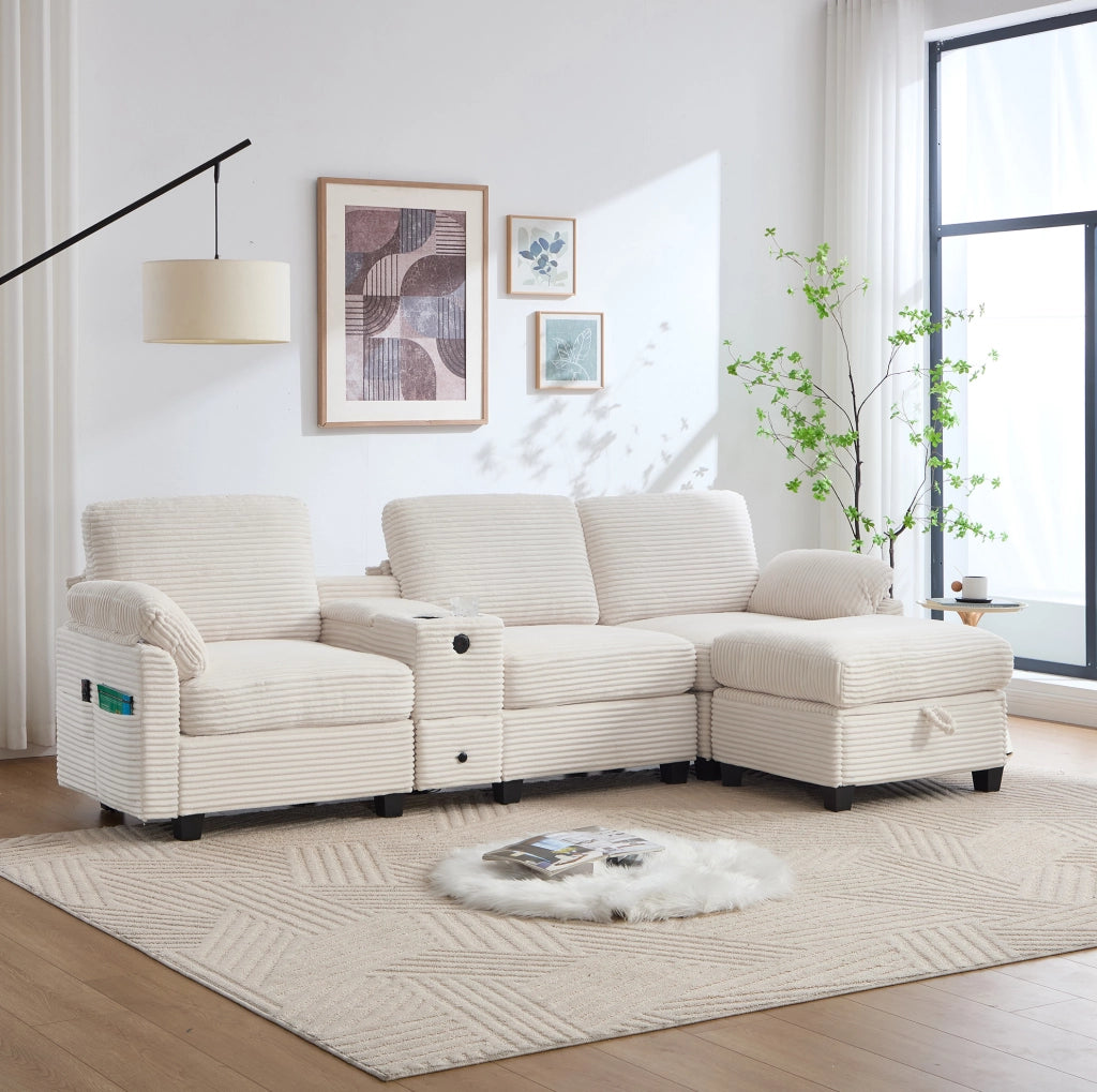 Divano beige in velluto a coste con console scorrevole; USB-C e pouf contenitore – 266 × 136 × 82 cm