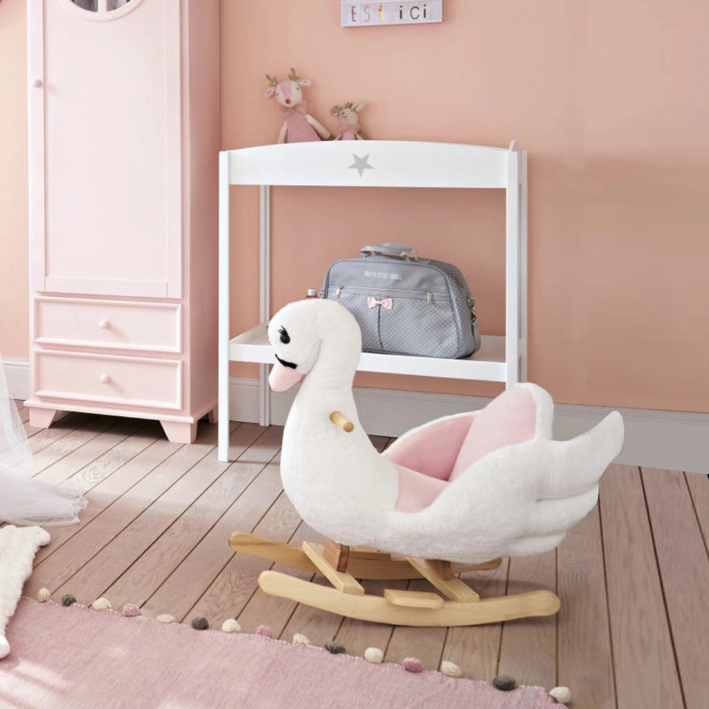 Animale a Dondolo per Bambini a Forma di Cigno 55 cm Peluche e Legno con Cintura di Sicurezza e Musica per Casa