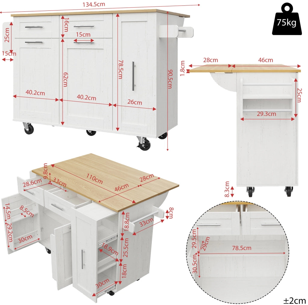 Isola cucina multifunzione bianca 110x46 cm con piano ribaltabile, ruote e ampio spazio interno