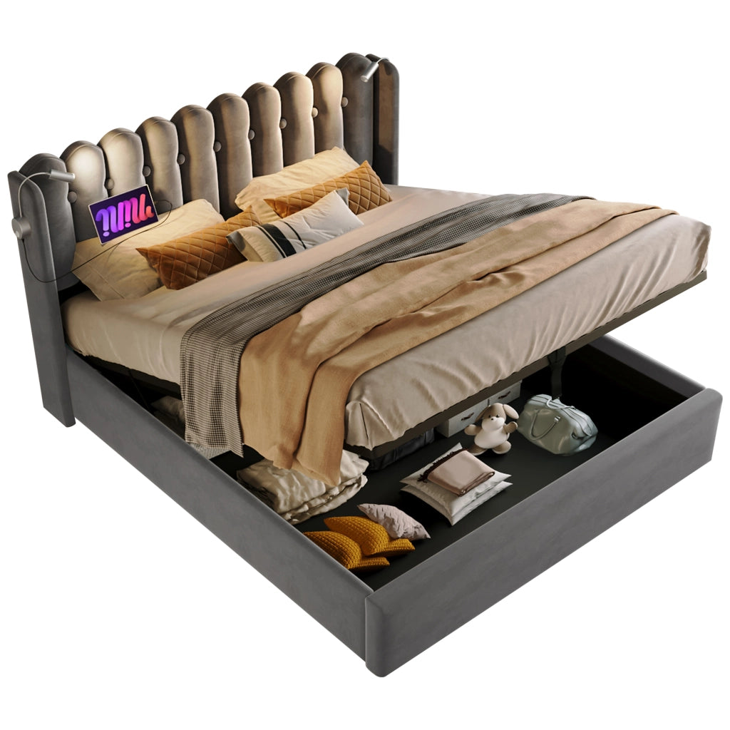 Letto contenitore matrimoniale 140×200 cm con luce da lettura, USB e vano sollevabile, materasso incluso, velluto grigio