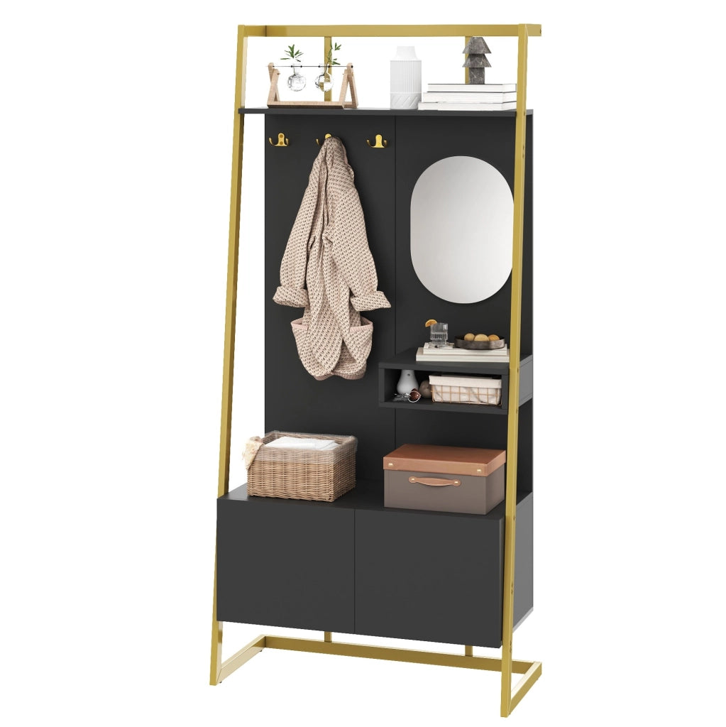 Mobile guardaroba compatto con specchio; ganci e panca portascarpe; 78 ¡Á 38.5 ¡Á 180.5 cm; nero