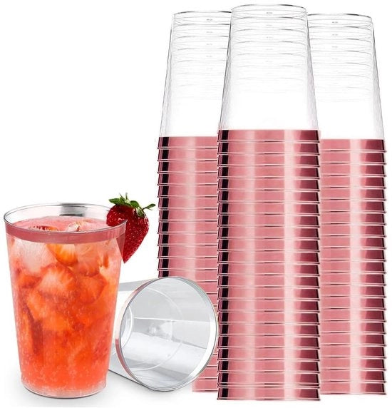 Set di bicchieri in plastica da 30 pezzi - bicchieri per bevande riciclabili - bicchieri da vino eleganti per feste - BPA libero - robusti e duraturi - con bordo rosé d'oro - bicchieri per bevande