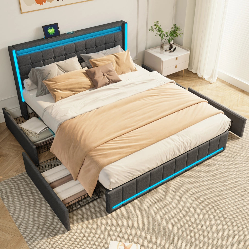 Letto matrimoniale 160x200 cm con LED; 4 cassetti e USB; grigio scuro