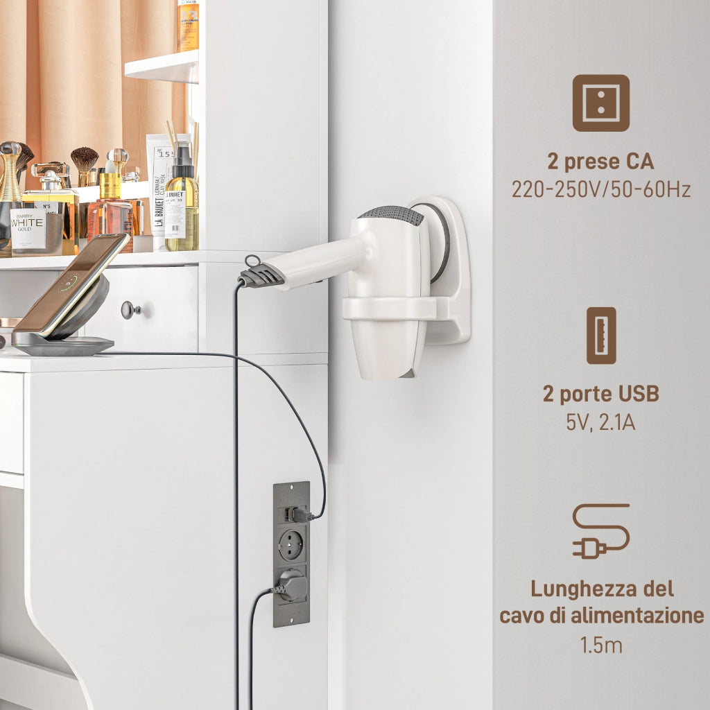 Toeletta da Trucco con Specchio Luci LED 3 Tonalità, Prese USB, 4 Cassetti e Mensole, Design Moderno, 90x45x160cm, Bianco