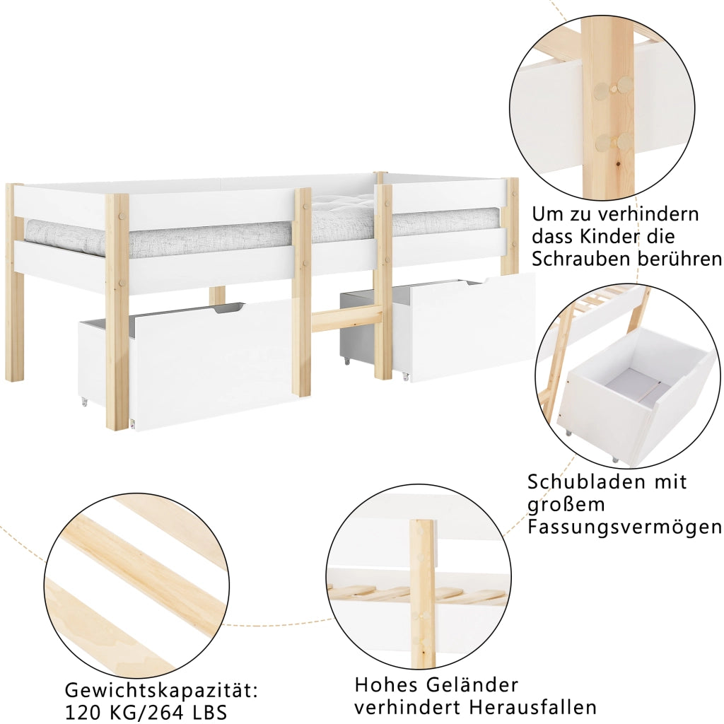 Letto con cassetti 90 × 190 cm semialto con scala e barriera anticaduta in legno bianco con rete a doghe