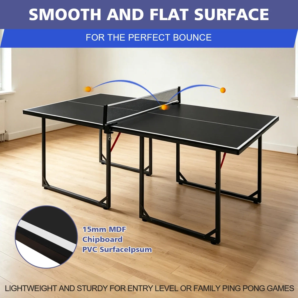 Tavolo da Ping Pong 182 cm, pieghevole e portatile per interni ed esterni. Set con rete, 2 racchette e 3 palline. Piano nero, gambe nere.