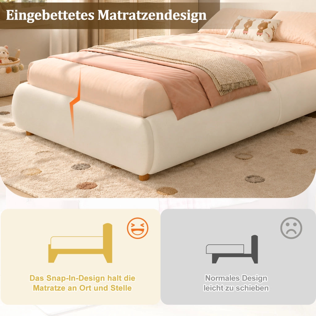 Letto per bambini 90x200 cm con vano contenitore idraulico; rete a doghe; velluto beige
