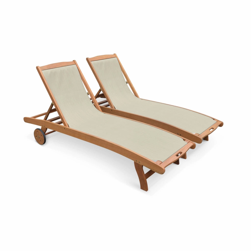 Set 2 lettini prendisole in legno multiposizione con ruote, grigio
