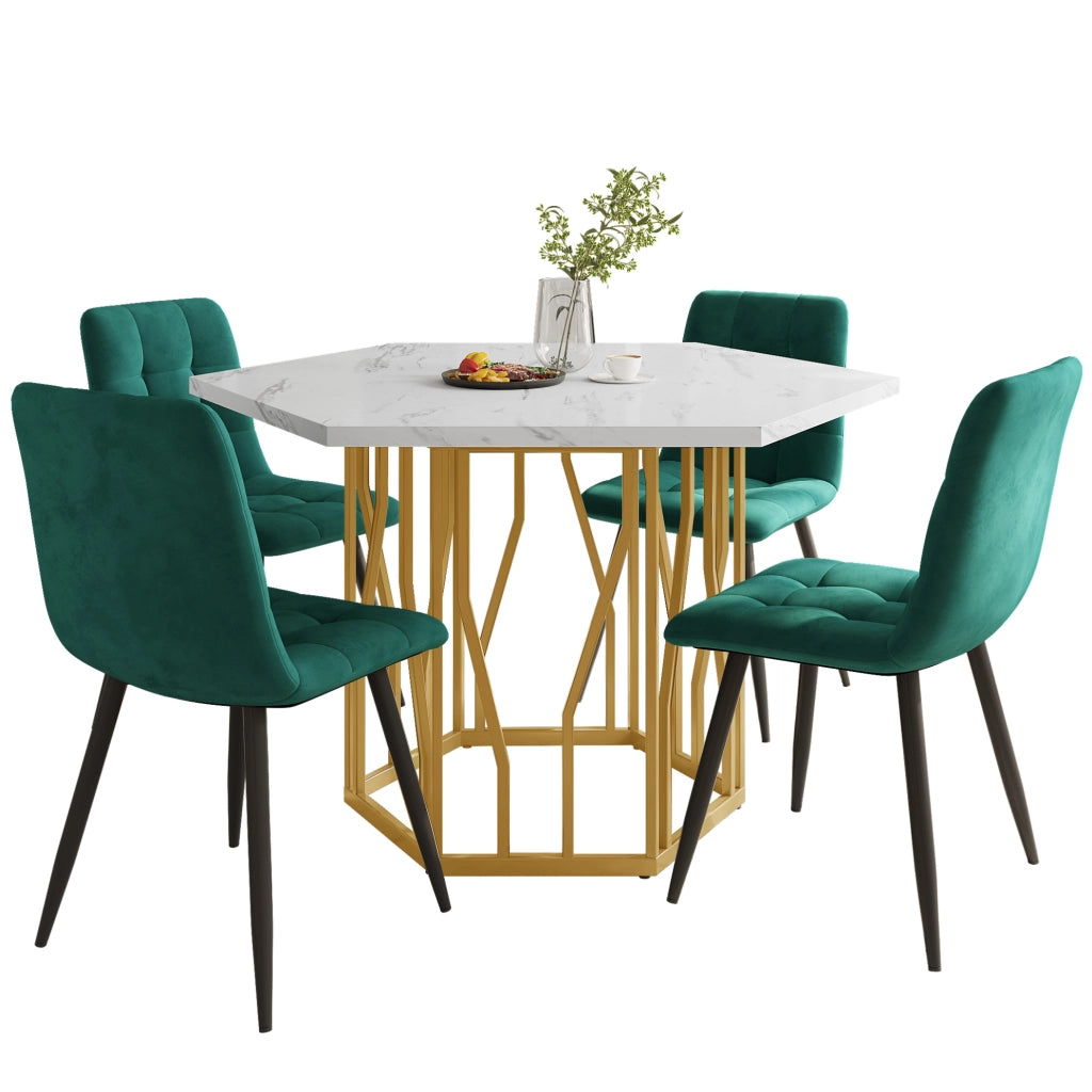 Set tavolo esagonale e 4 sedie verde e oro – finitura marmo