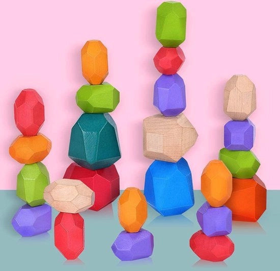Set di pietre di equilibrio in legno per bambini - 24 pezzi - Giocattoli Montessori per bambini - Pietre di meditazione colorate per bambini
