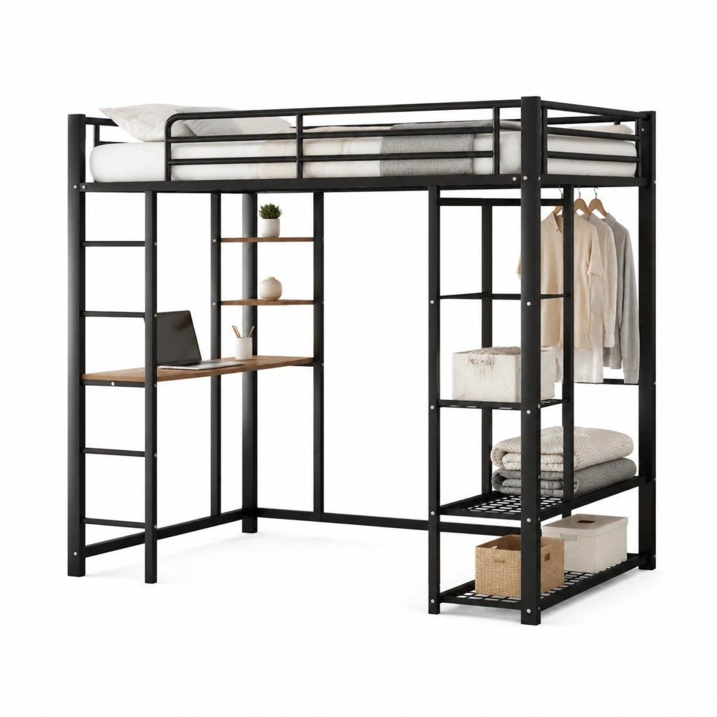 Letto a Soppalco 140x200 cm con Scrivania; Armadio e Ripiani Salvaspazio; Metallo Nero