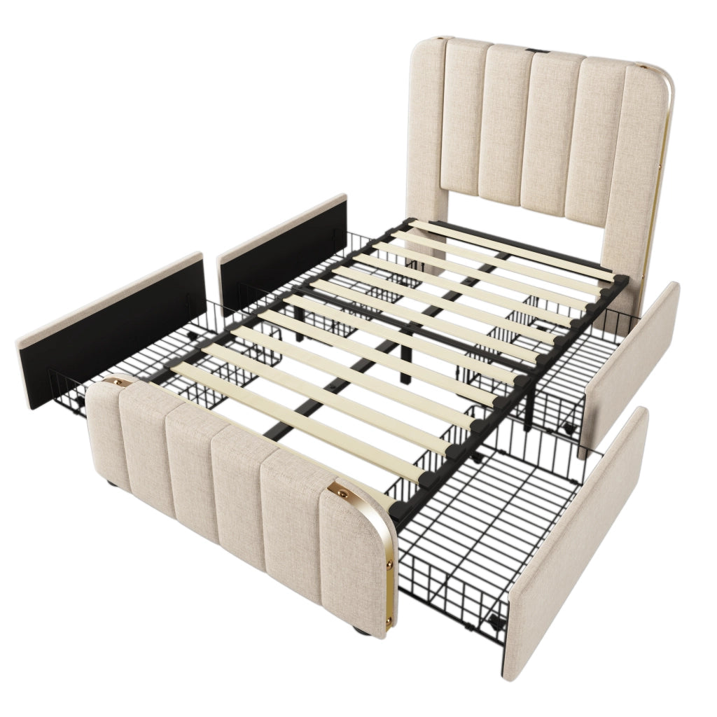 OKWISH Letto con Cassetti 90×200 cm, Letto Singolo con USB, Tipo C e 4 Cassetti, senza Materasso, in Lino, Beige