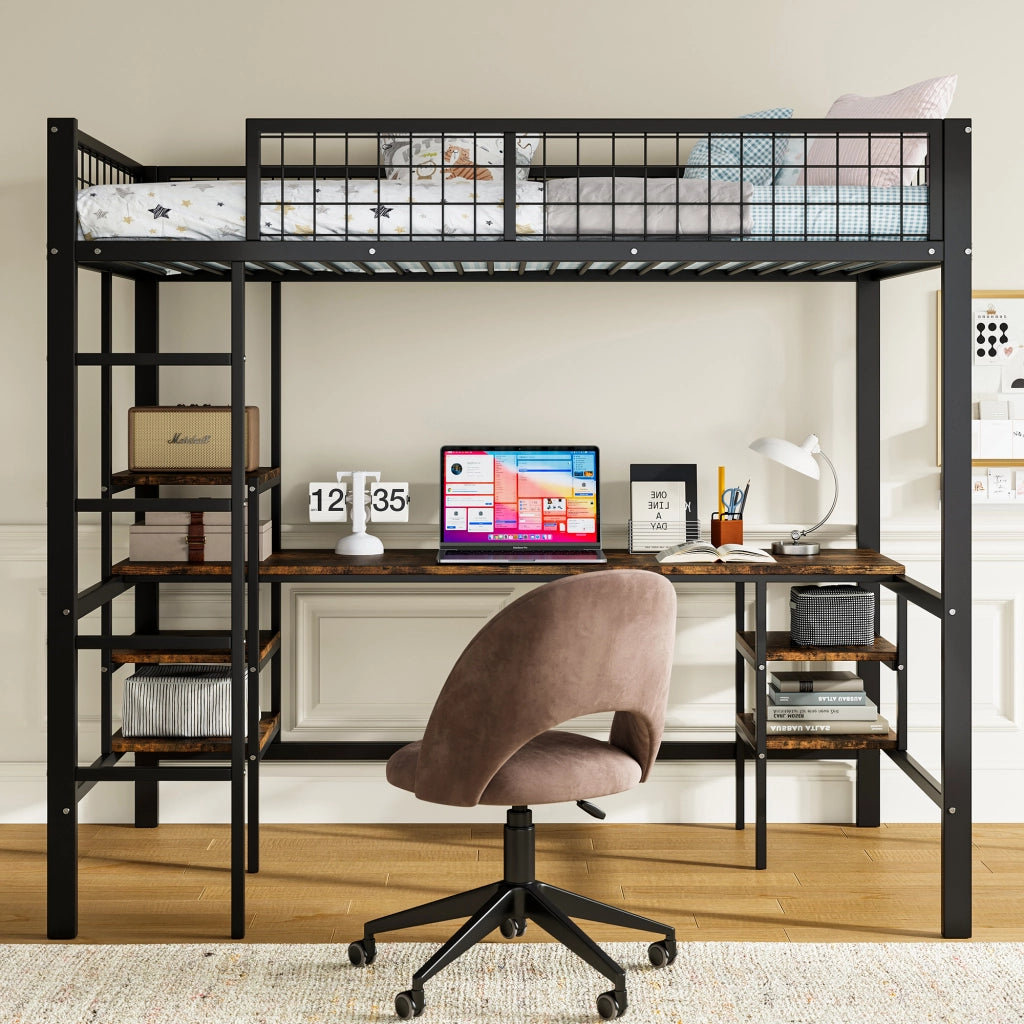 Letto a soppalco 90x200 cm con scrivania e scaffali; struttura in metallo nero e pannelli effetto legno scuro