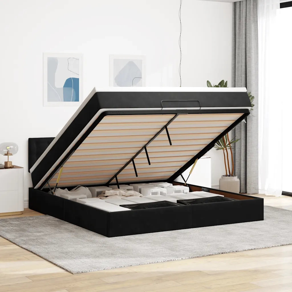 Struttura Letto Pouf con Materasso Nero 160x200 cm in Velluto 3312778