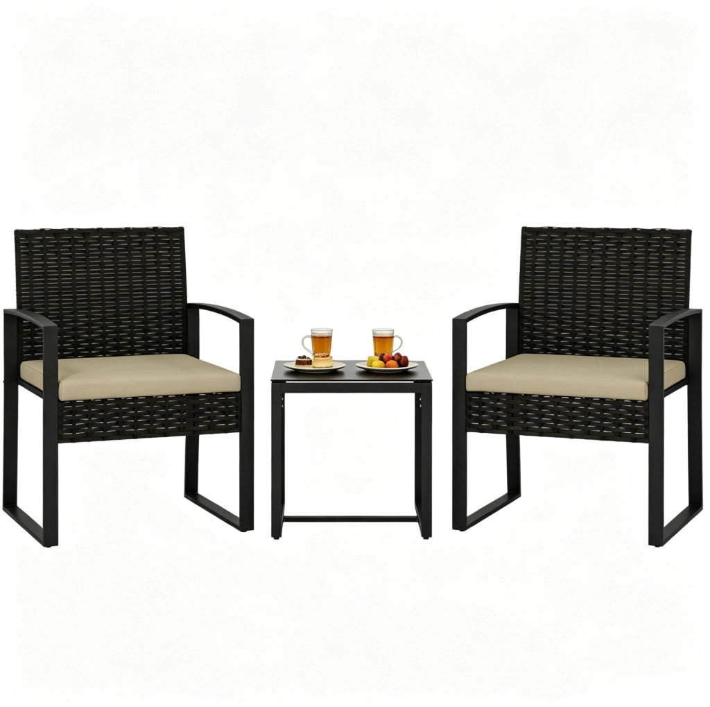 Set Mobili da Giardino Piccolo con 1 Tavolo e 2 Sedie in Rattan PE Marrone e Cuscini
