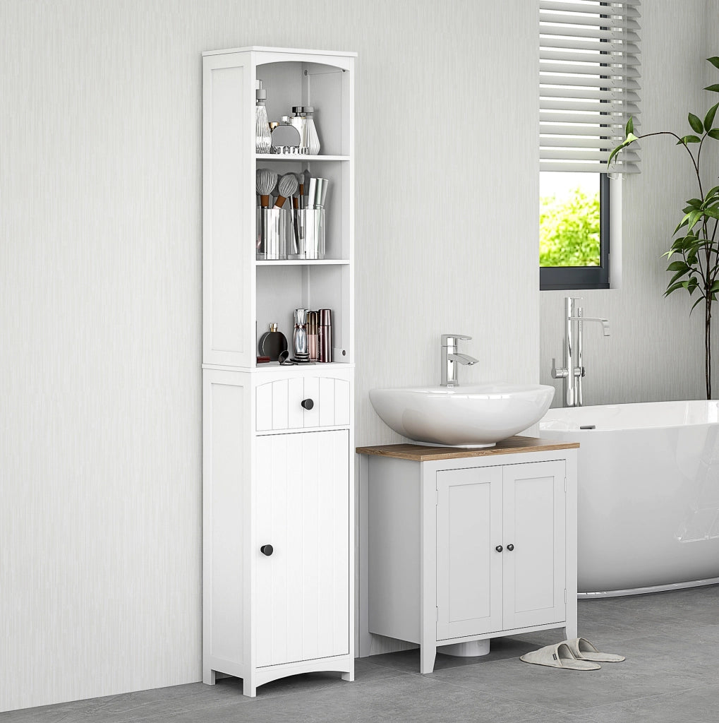 Colonna bagno compatta in MDF bianco con cassetto e 3 ripiani