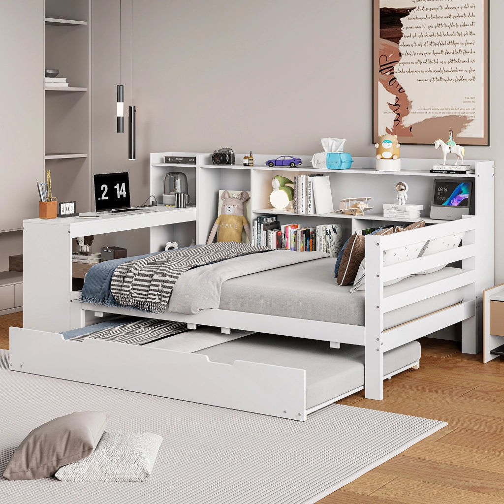 Letto con letto estraibile 90 × 200 cm con scrivania; librerie; vani portaoggetti; prese USB e rete a doghe bianco