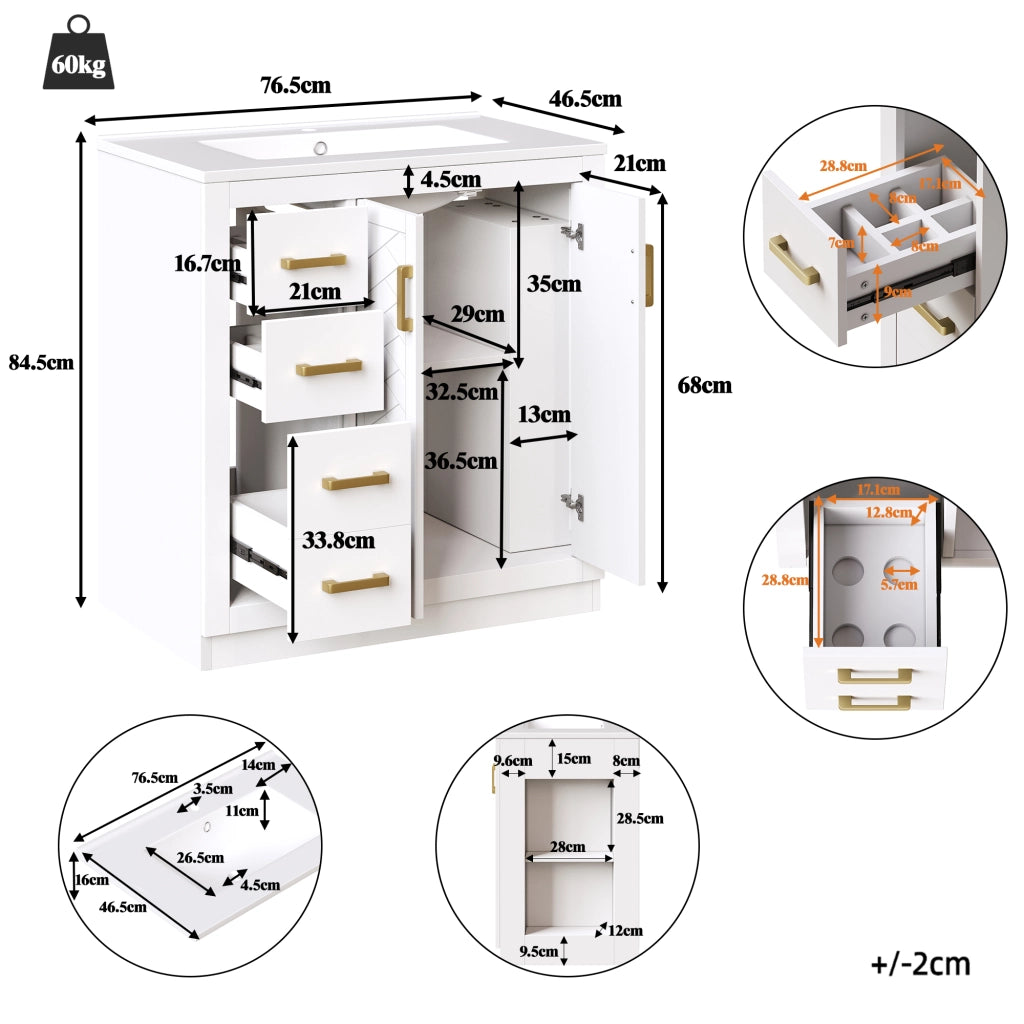 Mobiletto con lavabo in ceramica con 3 cassetti; 2 ante e ripiani laterali aperti bianco 76.5 × 46.5 × 84.5 cm